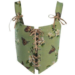 2644 Vintage Butterfly Print Grommet Lace Up Tie Front Corset Bustier